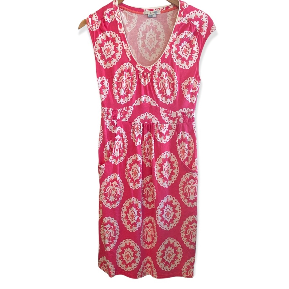 Boden Pink White Pocketed Floral Print Midi Dress Size US 4